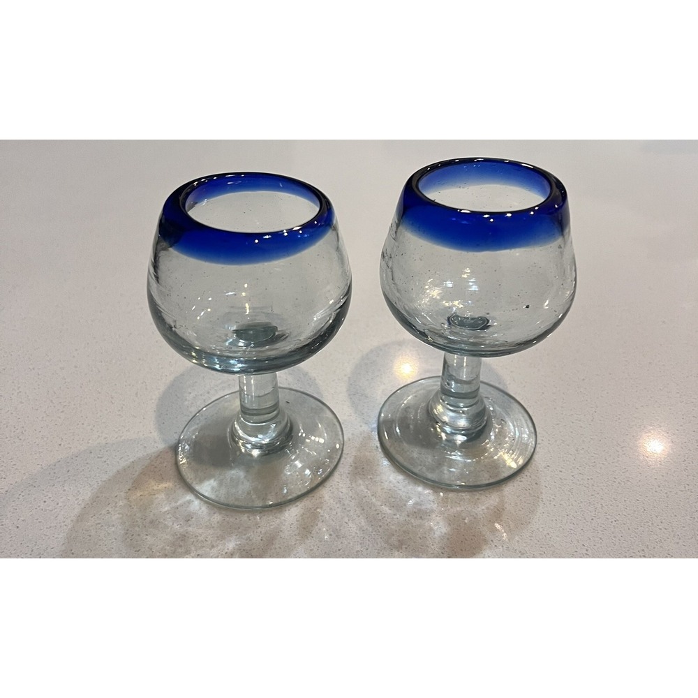 Mexican Hand Blown Glass Brandy Cognac Tequila Snifter Cobalt Blue Rim Set Of 2